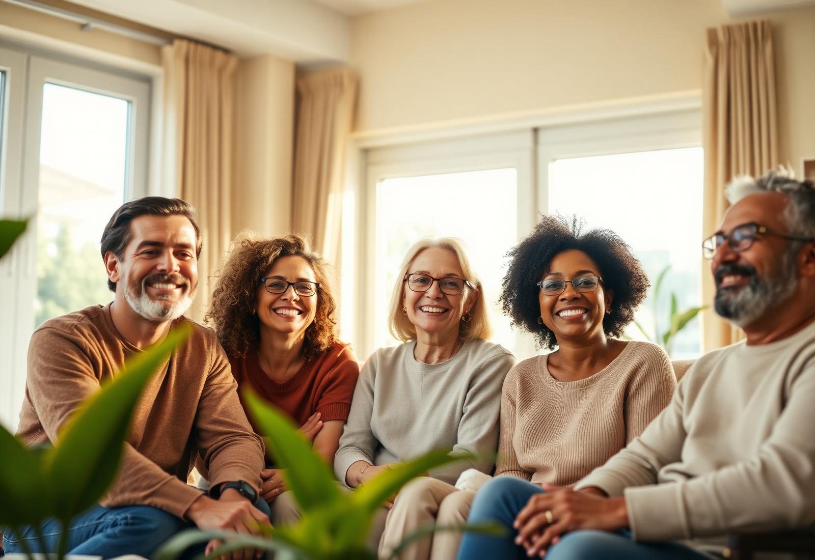 Diverse group of adults sitting together in a warm sunlit community living room